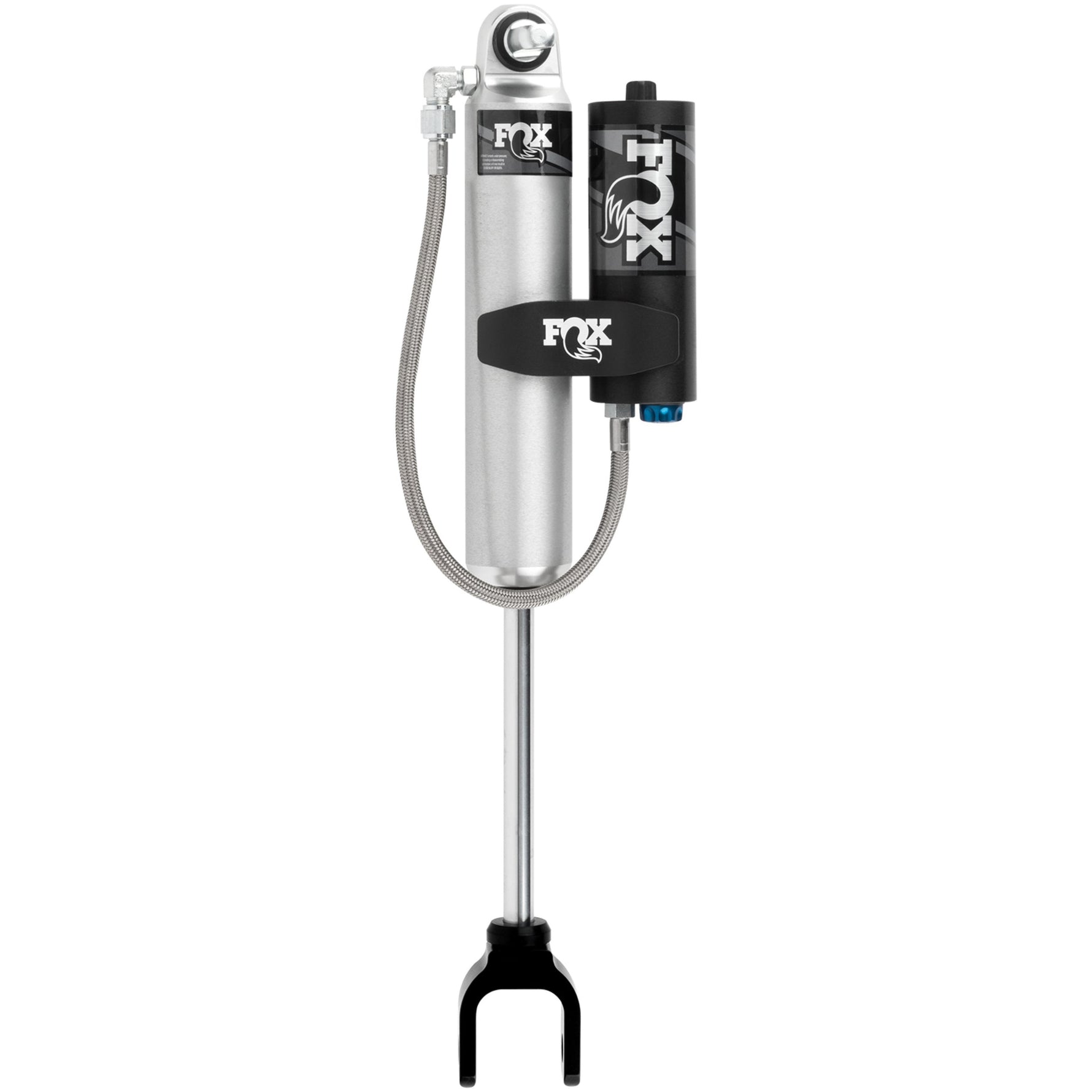Fox 2.0 Performance Series front reservoir shock with LSC adjuster and aluminum reservoir clamp.