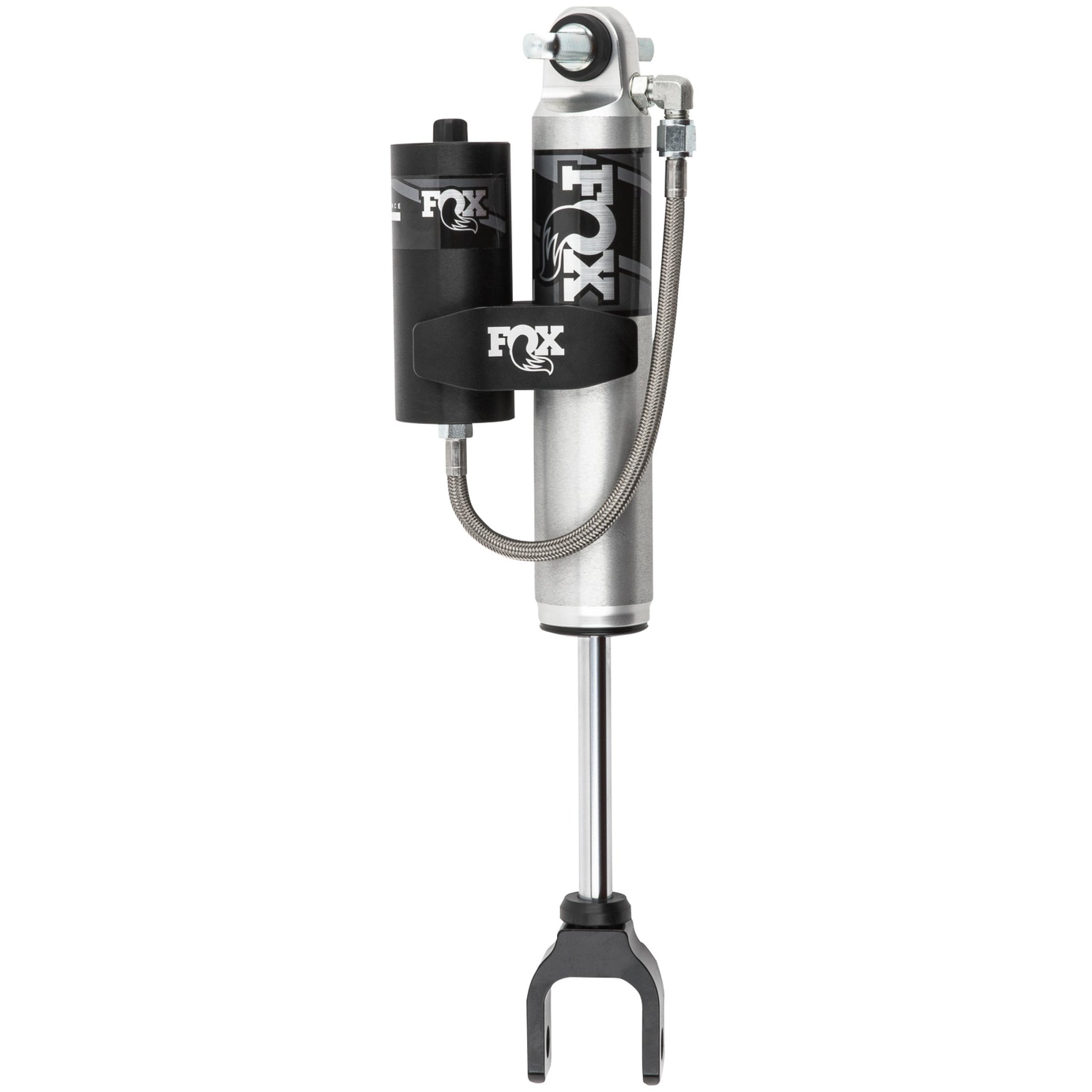 Fox 2.0 Performance Series front shock with external remote reservoir and black anodized aluminum mounting clamp.
