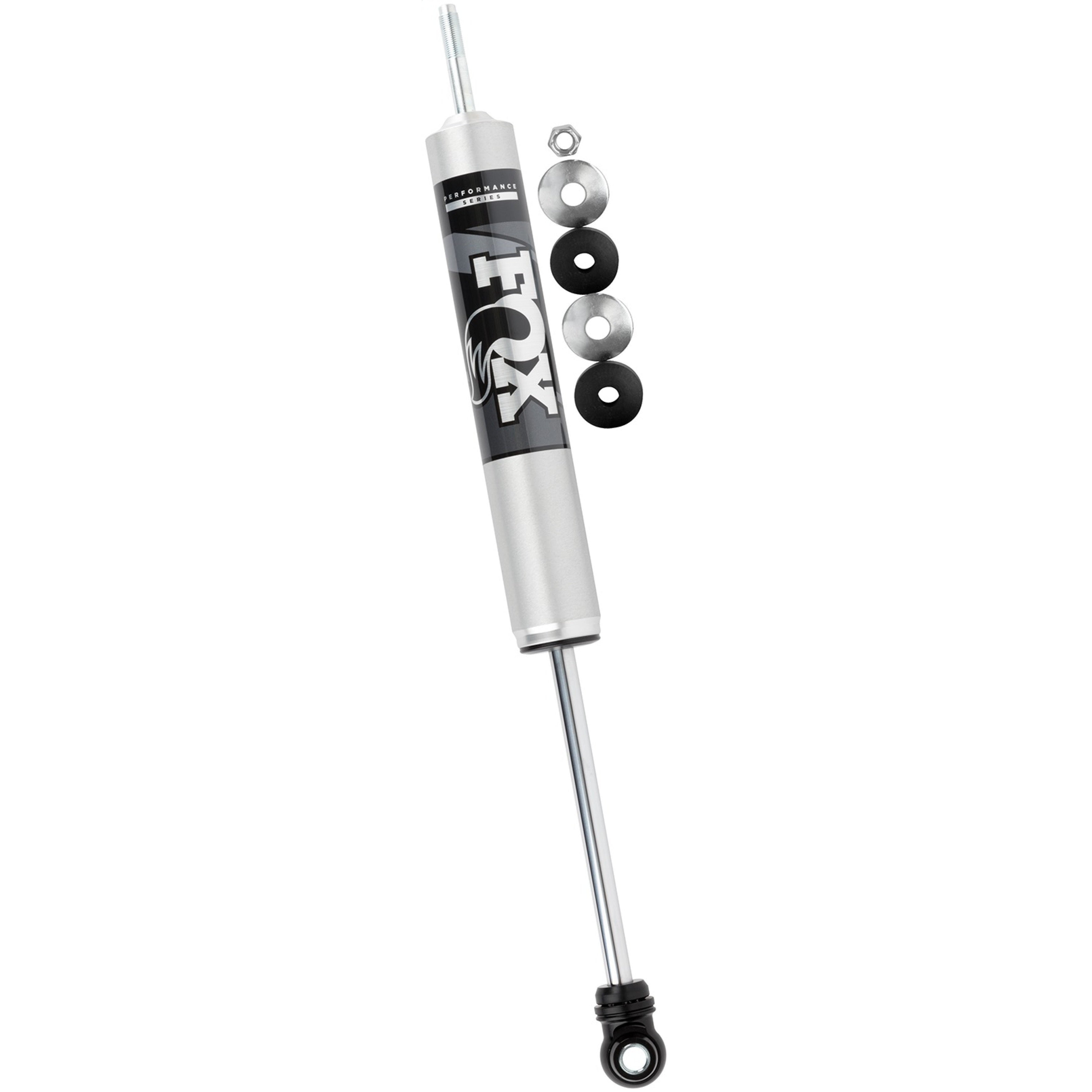 Fox 2.0 Performance Series IFP smooth body front shock with clear-anodized aluminum finish and black mounting bushings.