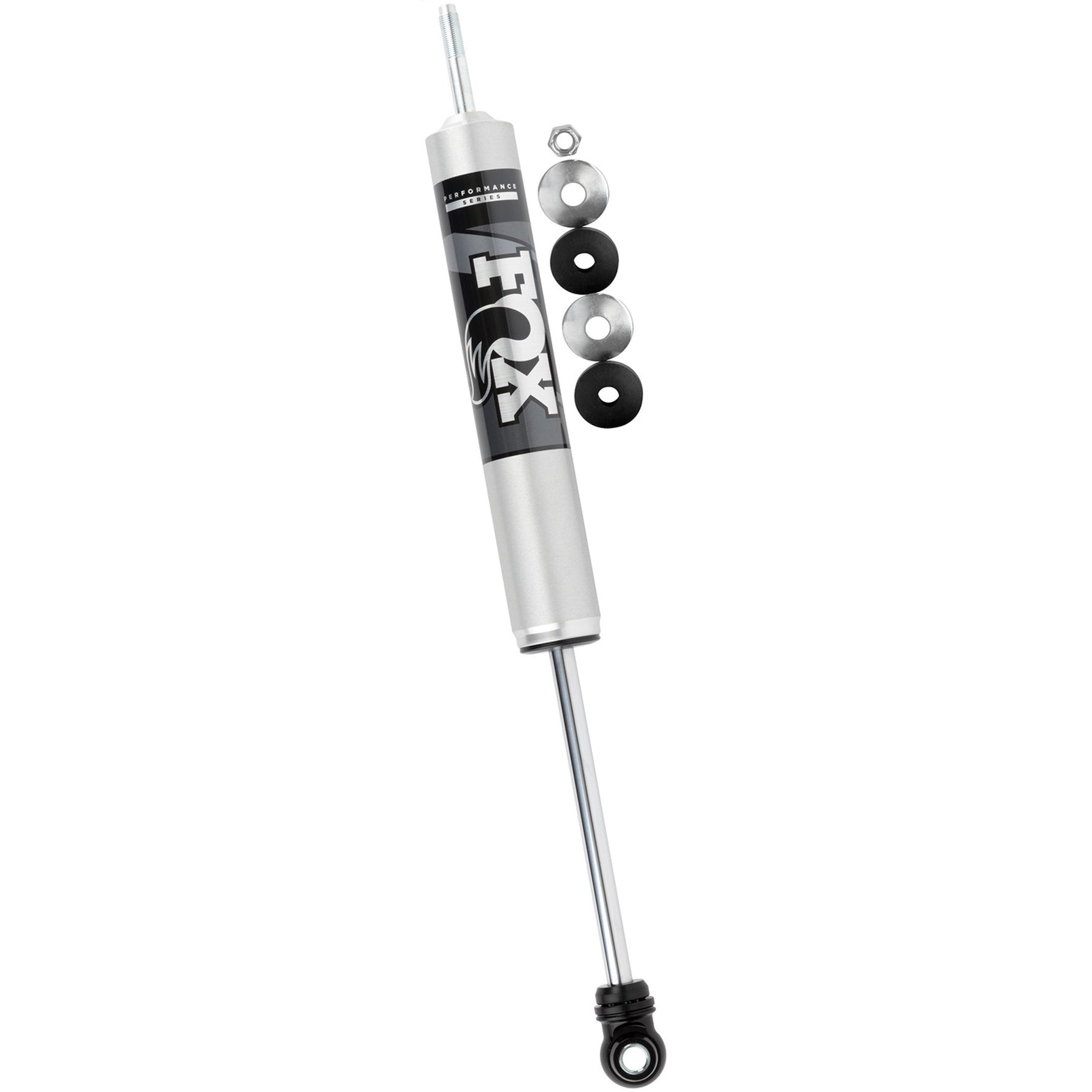 Fox 2.0 Performance Series IFP smooth body front shock with clear-anodized aluminum finish and black mounting bushings.