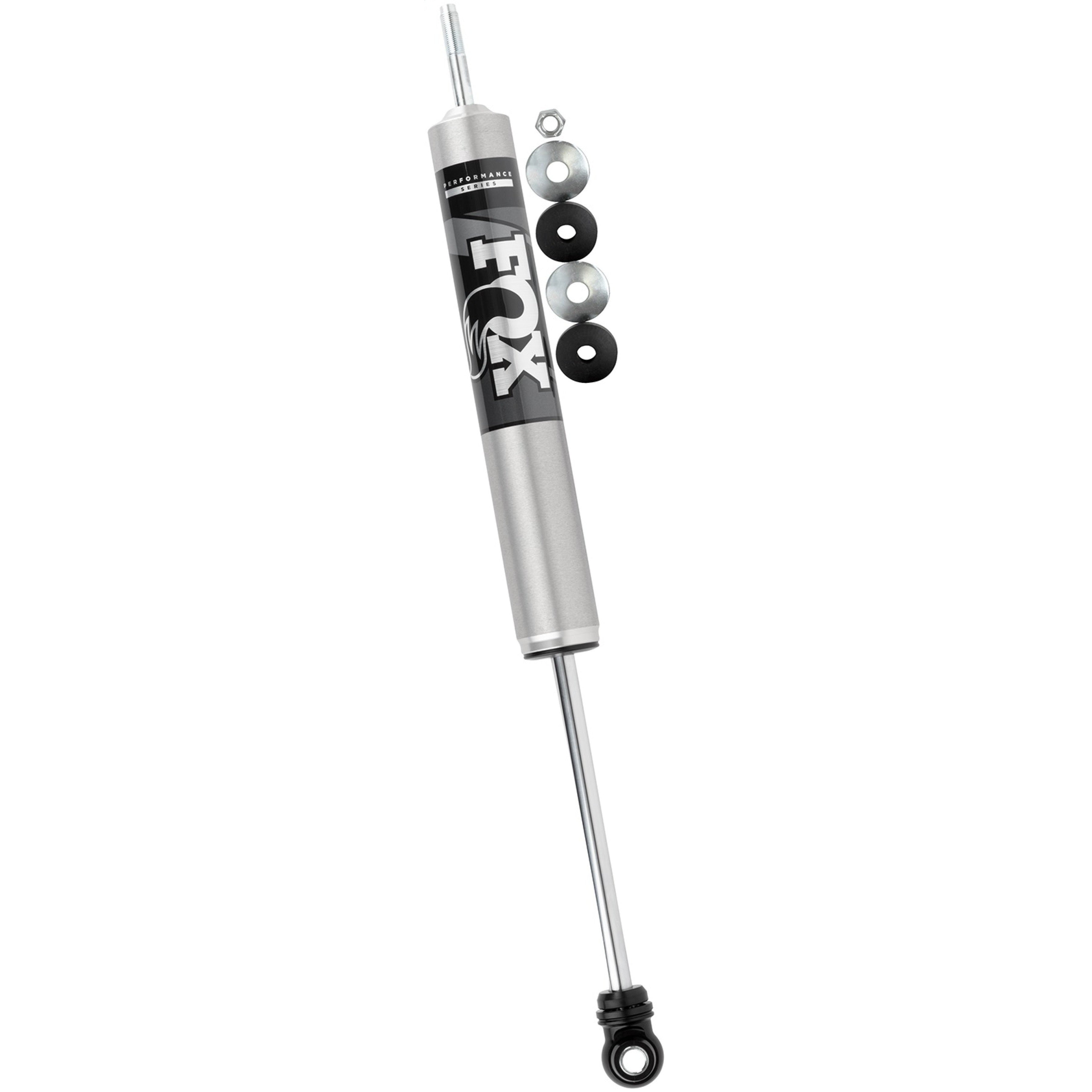 Fox 2.0 Performance Series IFP rear shock with clear-anodized aluminum body and black mounting hardware.