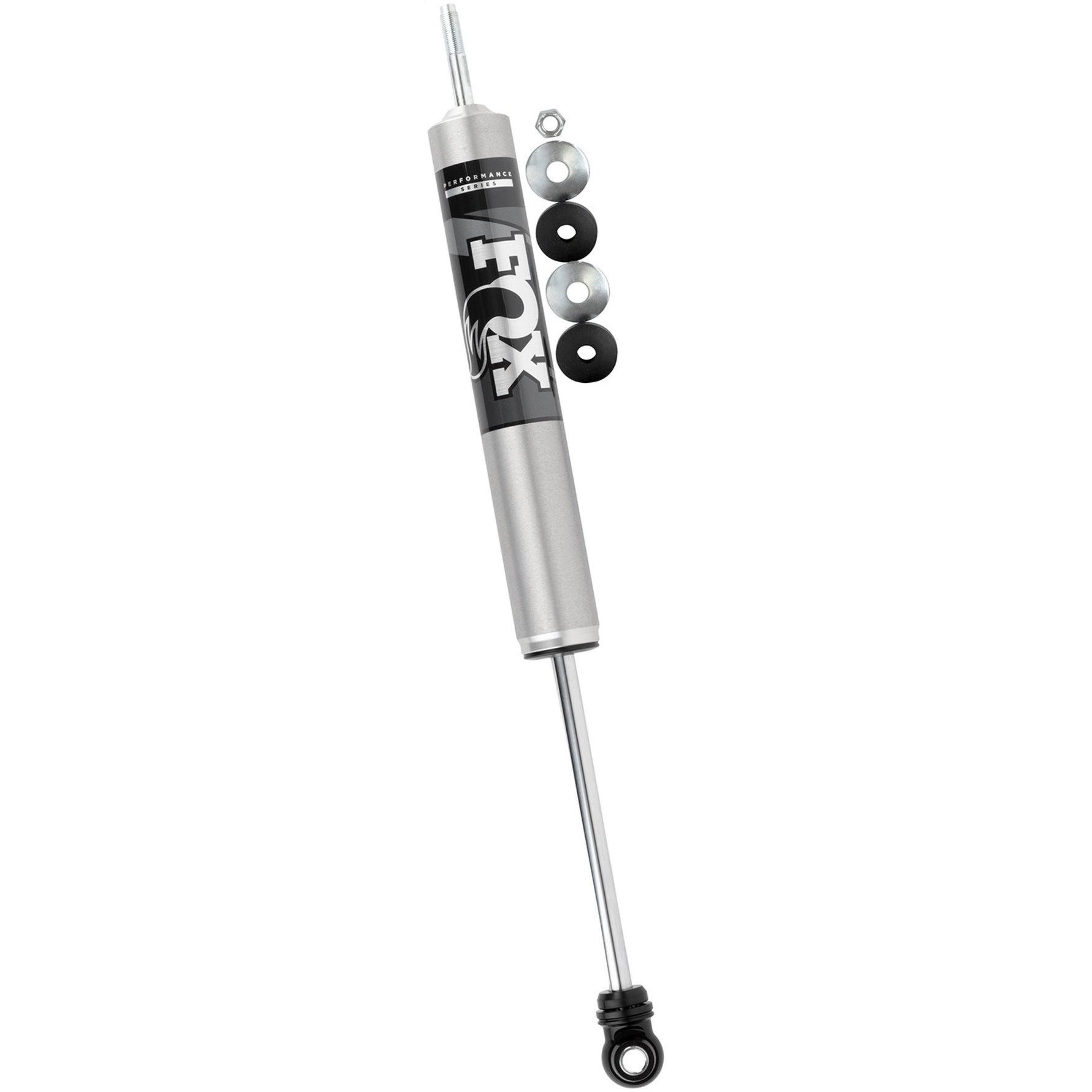 Fox 2.0 Performance Series IFP rear shock with clear-anodized aluminum body and black mounting hardware.