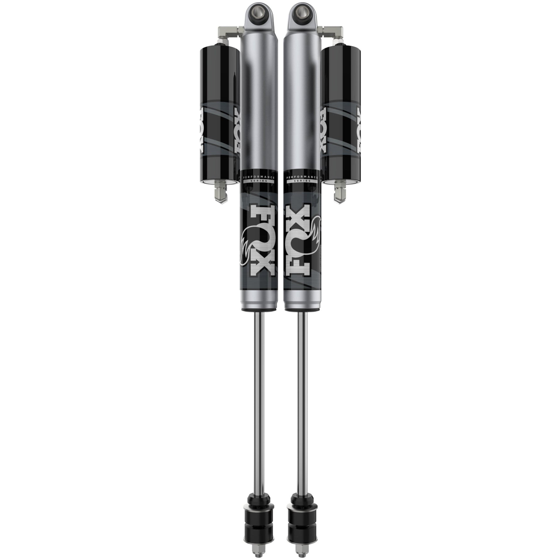 Fox 2.0 Performance Series remote reservoir rear shock with black aluminum hardware and mounting clamp for Ram 2500.