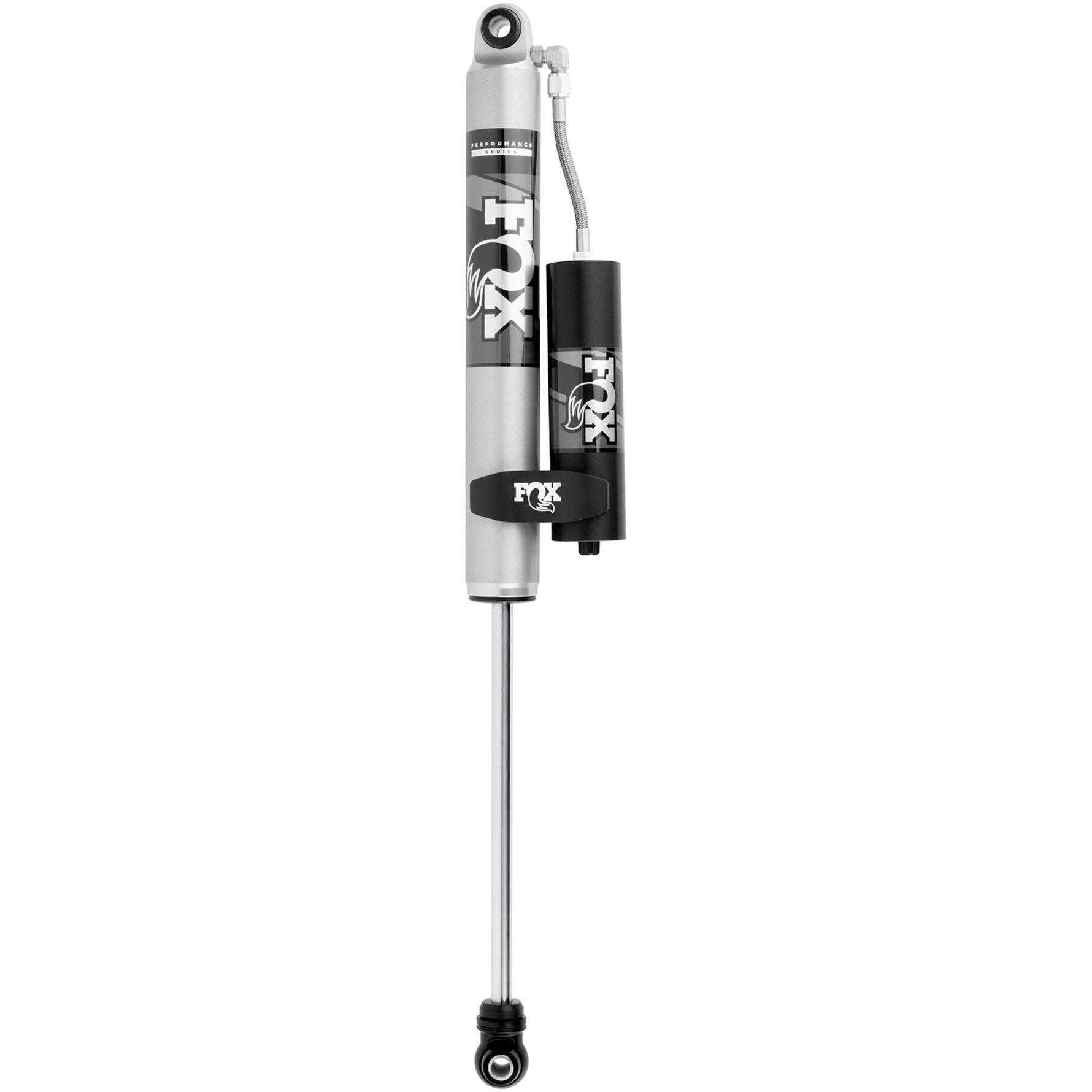 Fox 2.0 Performance Series smooth body aluminum rear shock with remote reservoir and black CNC-machined mounting clamp.