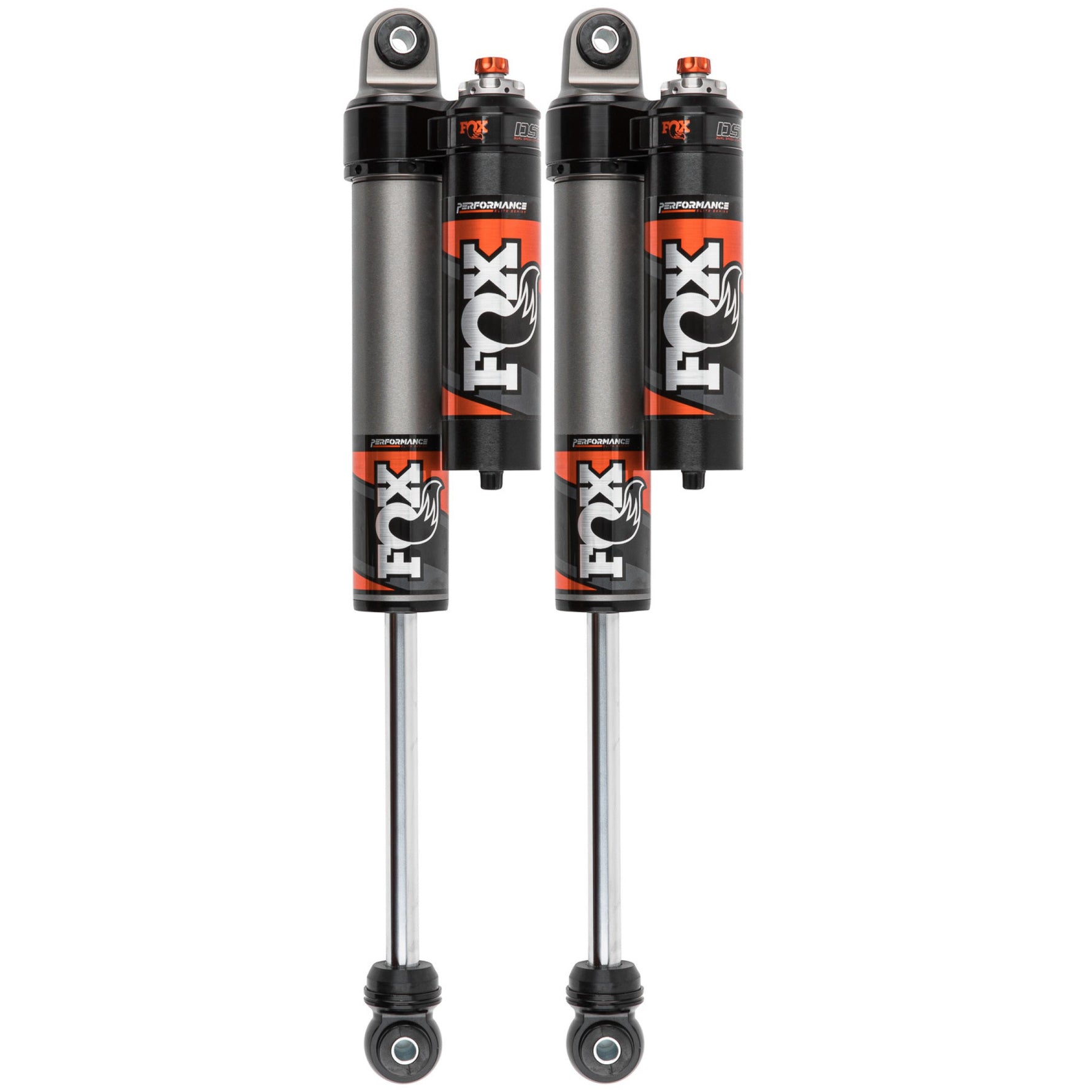 Fox 2.5 Performance Series piggyback rear shock with DSC adjuster and zinc-plated body for 2017-2026 Ford trucks.
