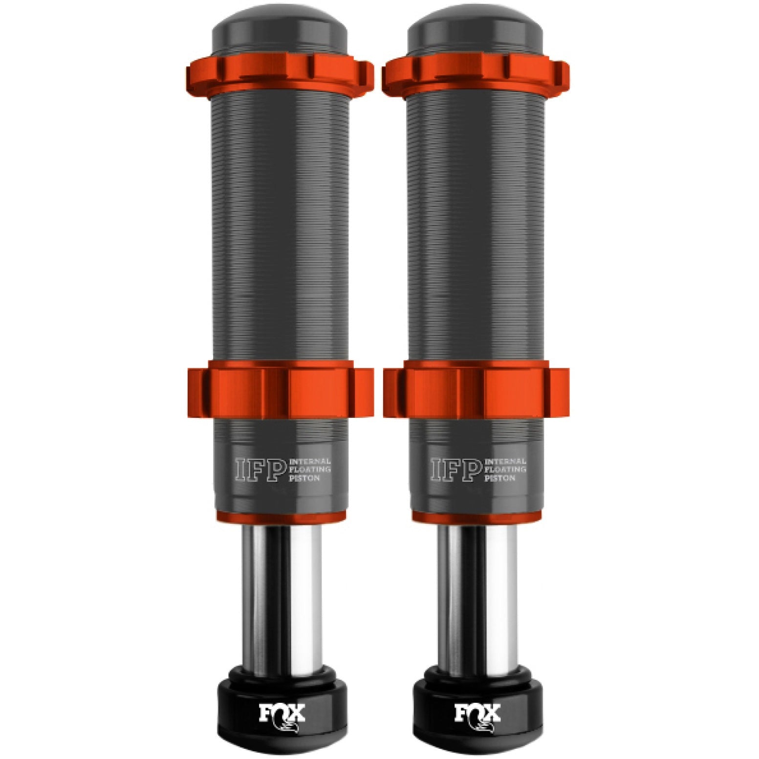 Pair of Fox 2.0 Factory Series IFP rear bump stops with black anodized aluminum components and 1.853 inch travel shafts.