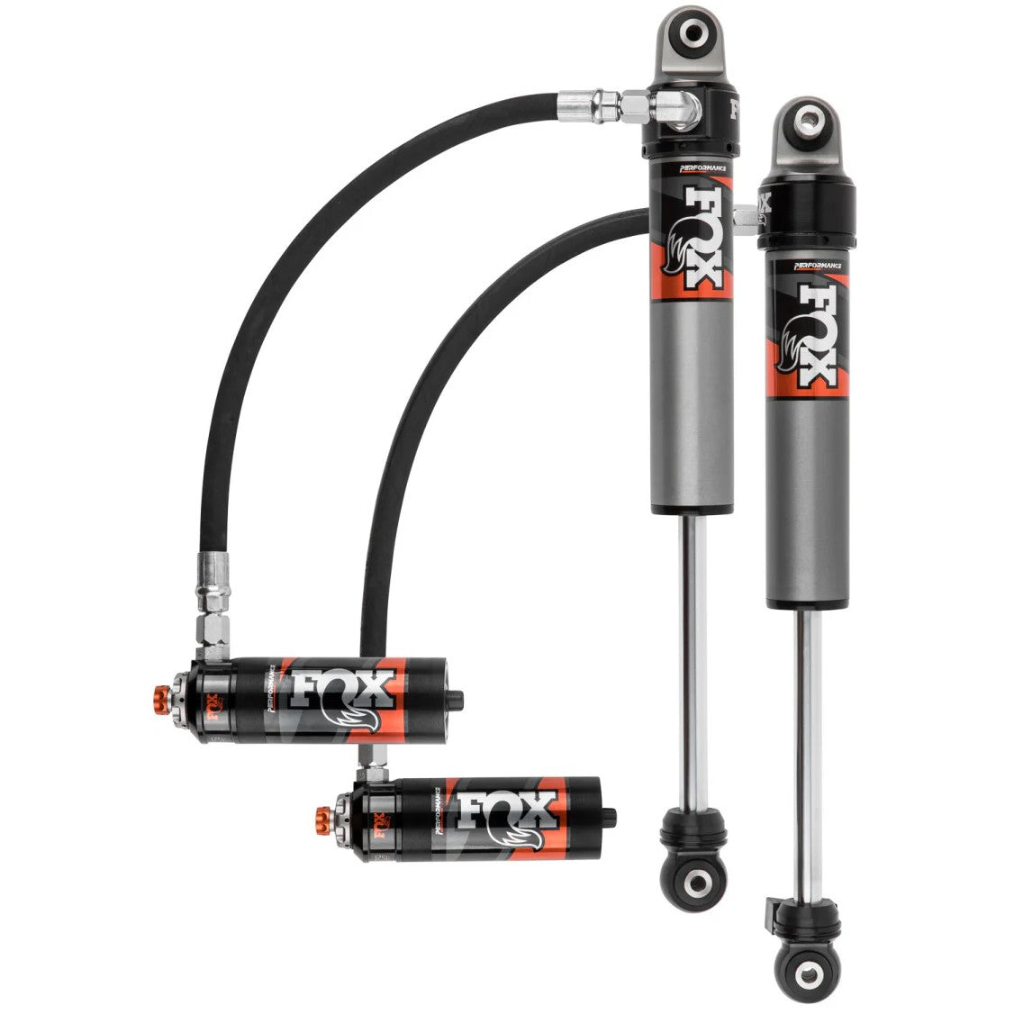 Fox 2.5 Factory Race Series remote reservoir front shocks with DSC adjusters for 2018-2025 Jeep Wrangler and Gladiator.