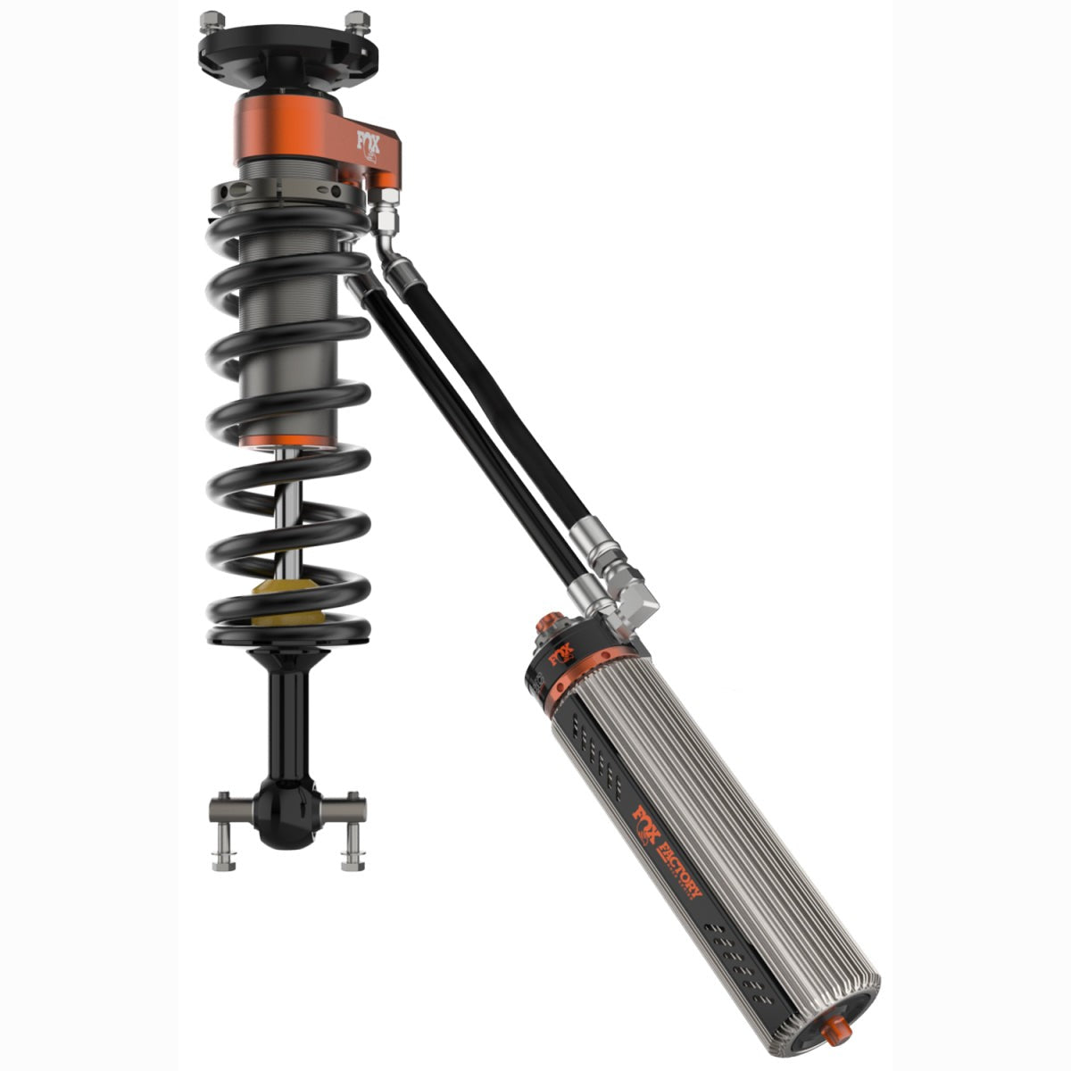 FOX Factory Race Series 3.0 Internal Bypass front coilovers with finned reservoirs and black anodized aluminum components