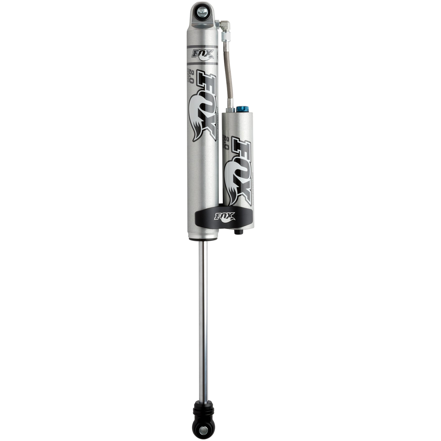 Fox 2.0 Performance Series remote reservoir rear shock with CD adjuster and aluminum reservoir mounting clamp.