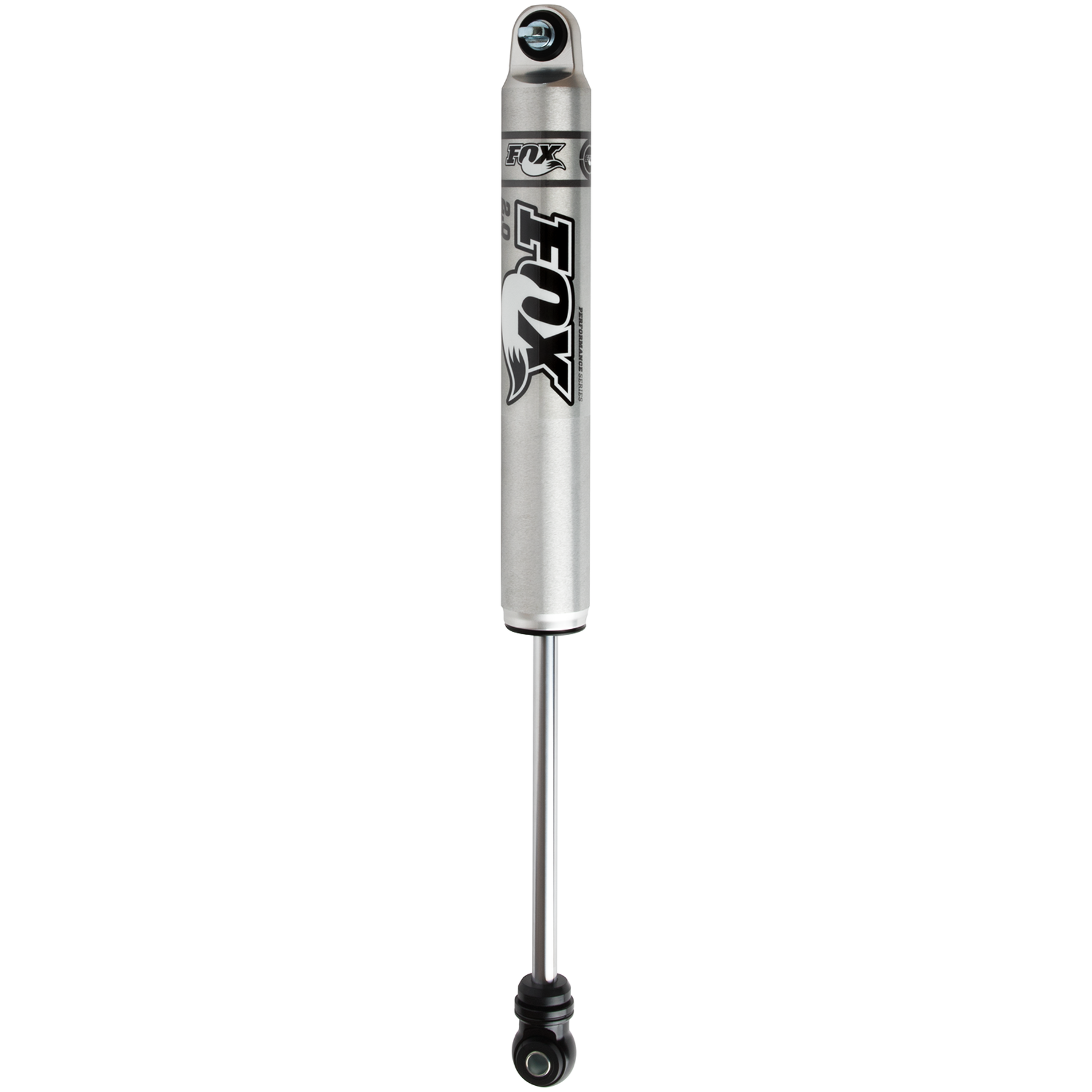 Fox 2.0 Performance Series smooth body aluminum IFP rear shock with black anodized mounts for Jeep Cherokee and Wrangler.