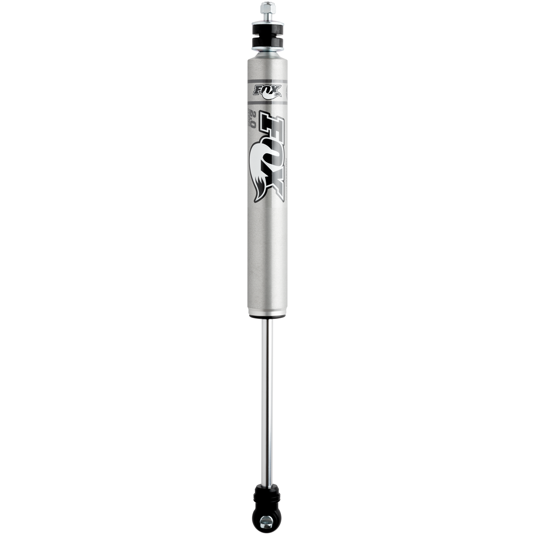 Fox 2.0 Performance Series 9.6-inch travel smooth body IFP front shock with silver aluminum finish and black components.