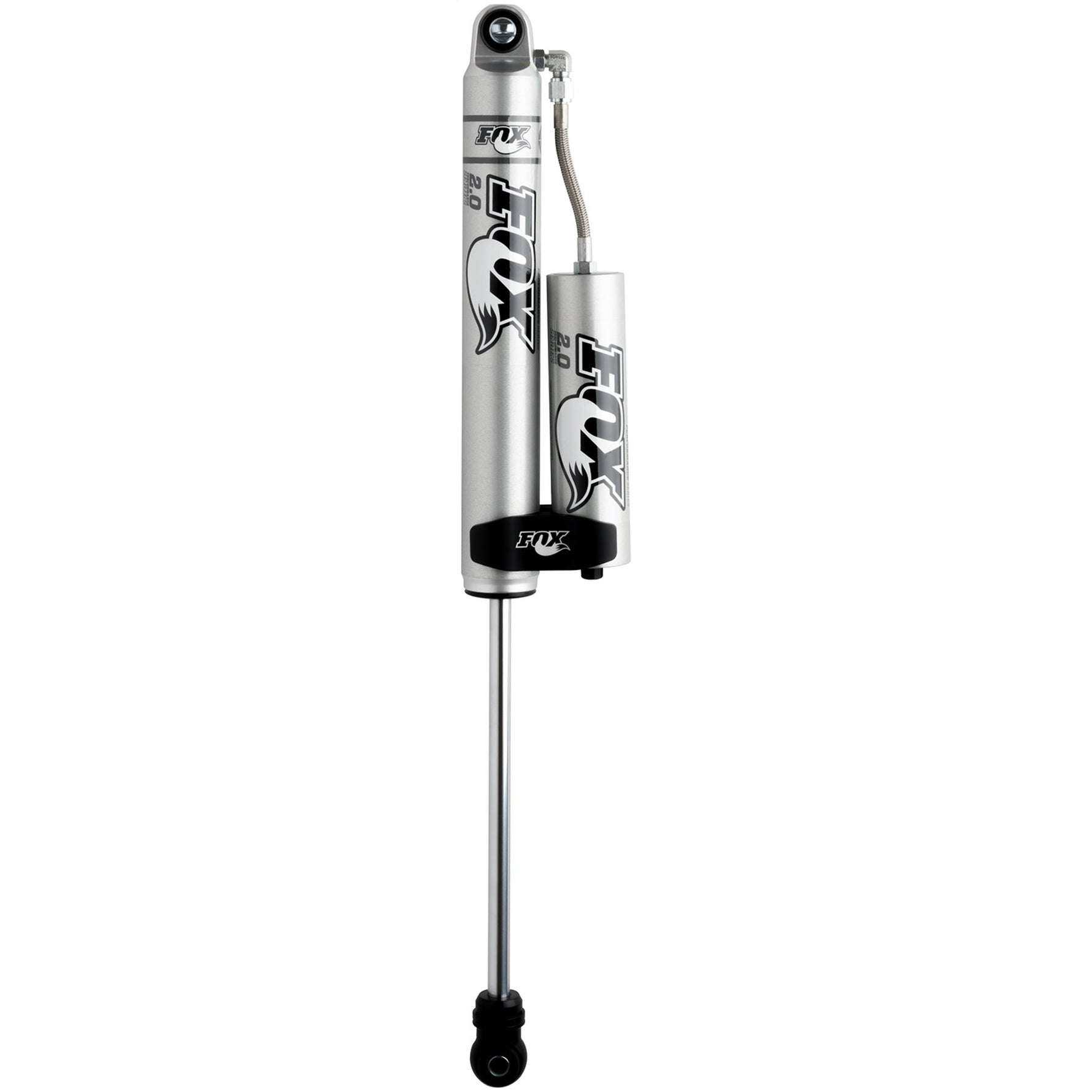 Fox 2.0 Performance Series 9.6-inch travel remote reservoir rear shock with silver aluminum body and black hardware.