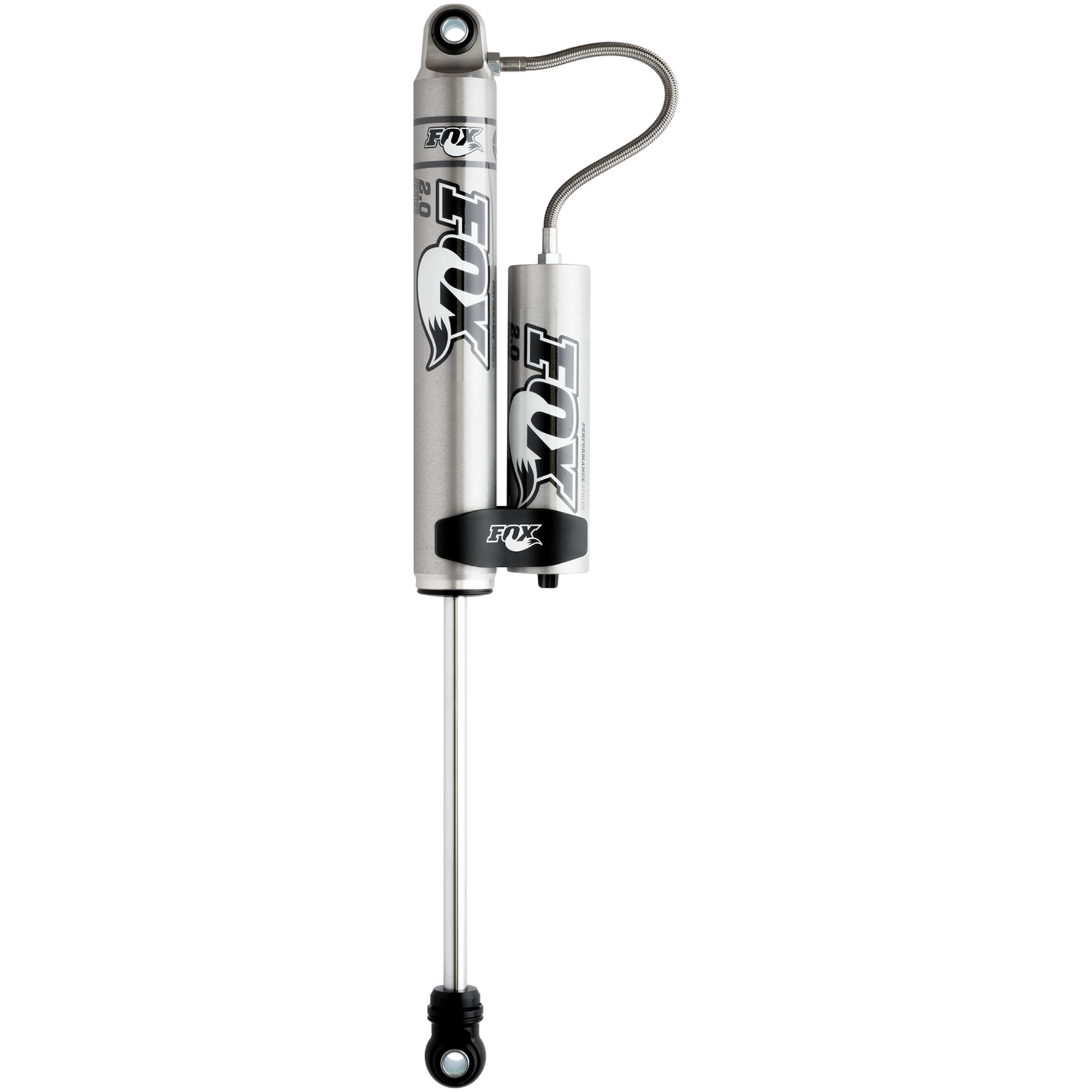 Fox 2.0 Performance Series remote reservoir rear shock with 5/8 inch chrome shaft and aluminum reservoir mounting clamp.