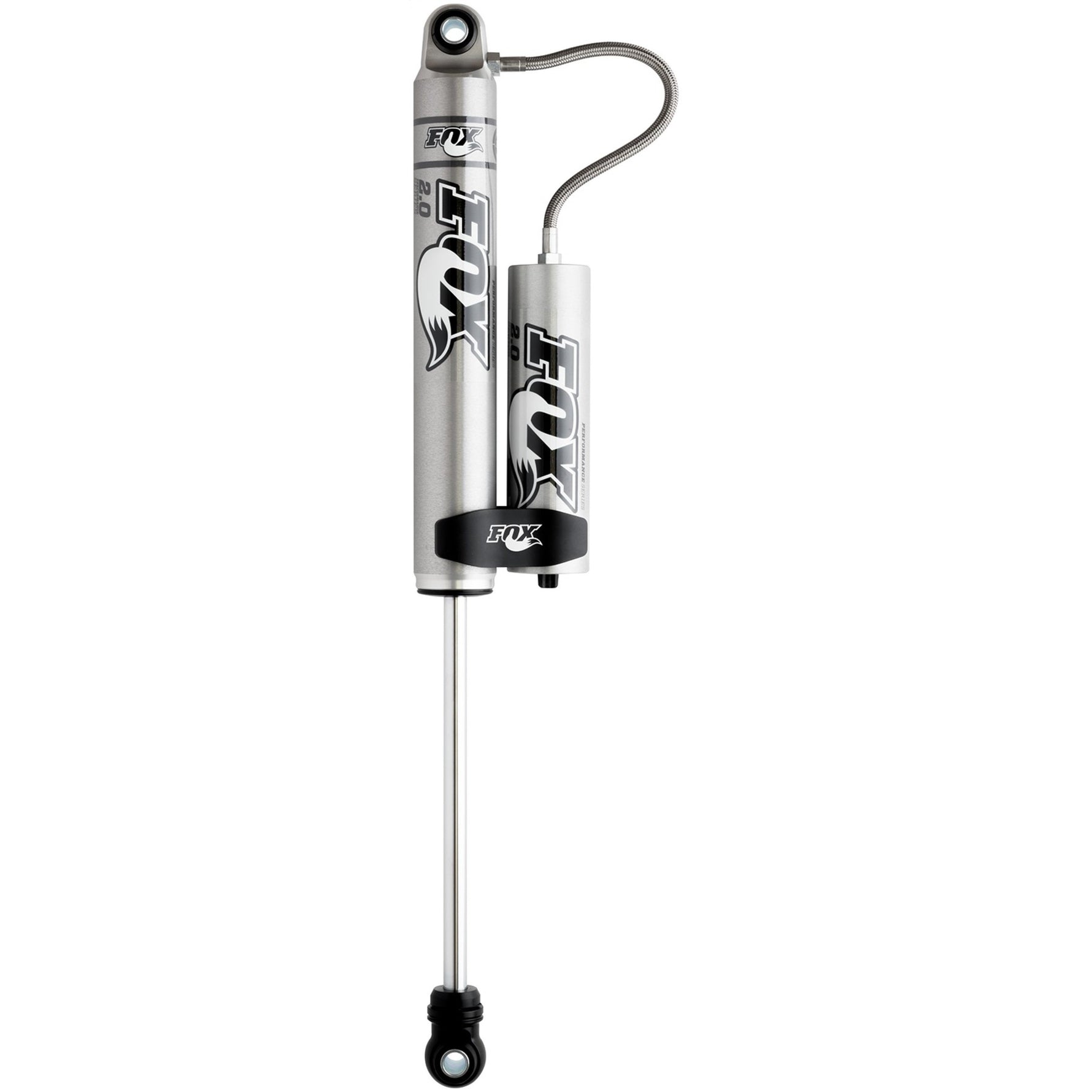Fox 2.0 Performance Series aluminum smooth body rear shock with remote reservoir and mounting clamp.