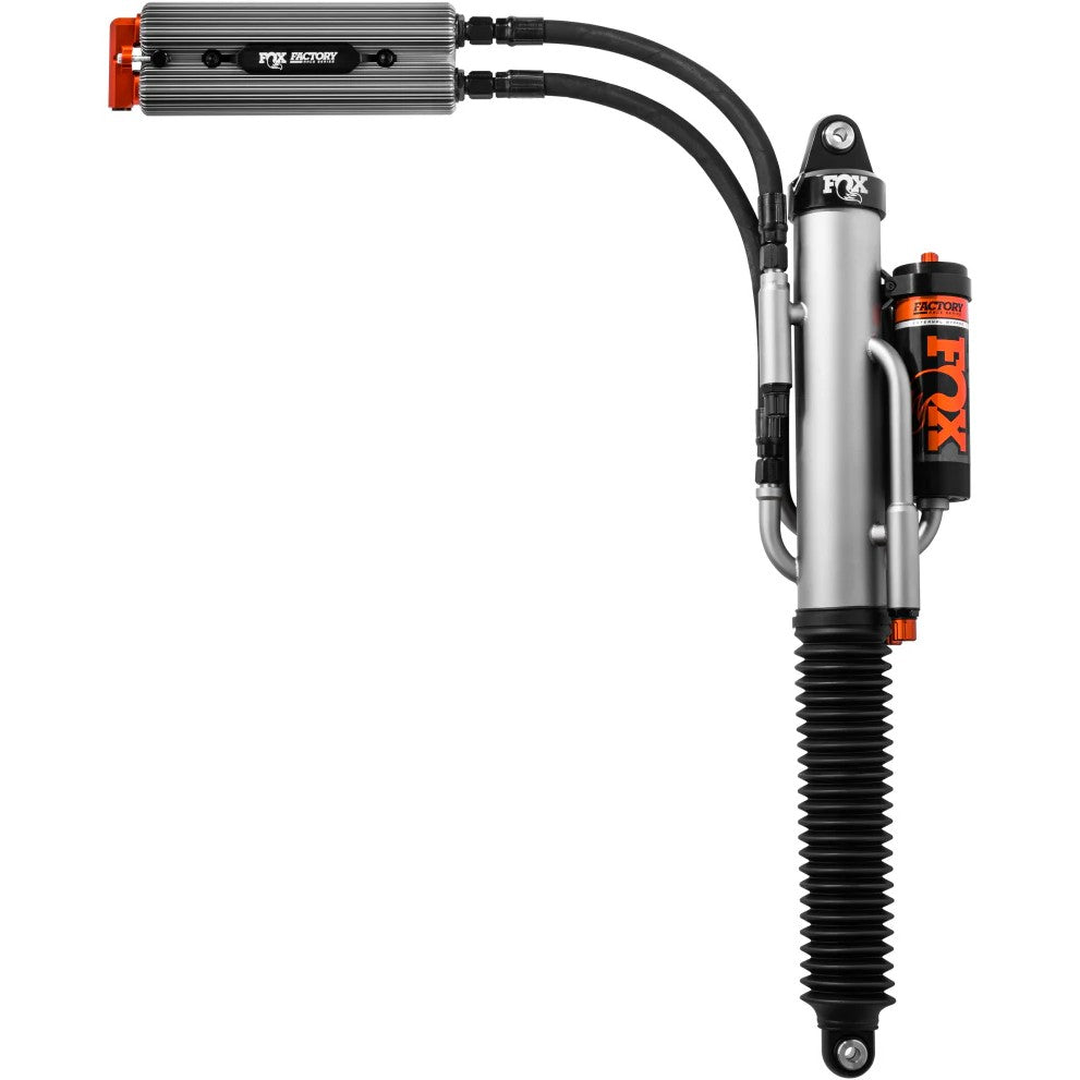 Fox 3.0 Factory Series black rear shocks with external QAB reservoirs and 12.27 inch travel for Ford Raptor.