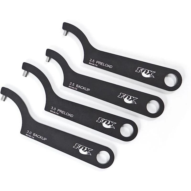 Fox 2.5 series shock preload spanner wrench for adjusting threaded spring collars.