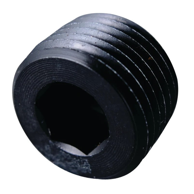 Fragola 1/2 inch NPT internal hex pipe plug with black finish and precision machined threads