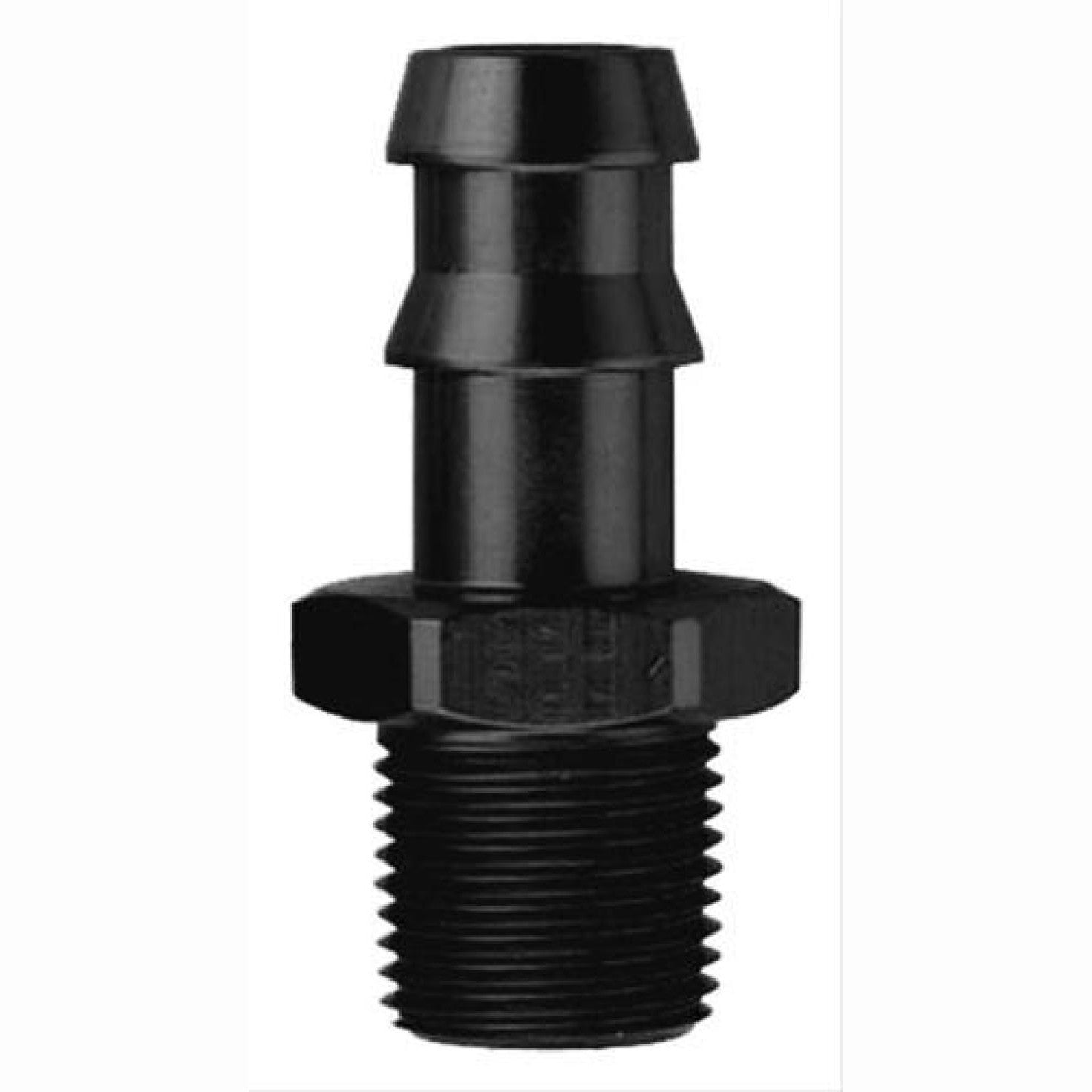 Black Fragola 484004-BL adapter fitting with a 1/4 inch hose barb and 1/8 inch NPT male thread.