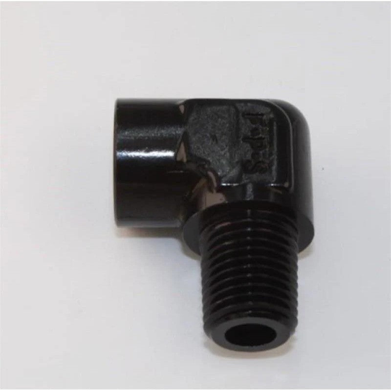 Black anodized Fragola 1/8 inch NPT 90-degree male to female pipe elbow adapter fitting