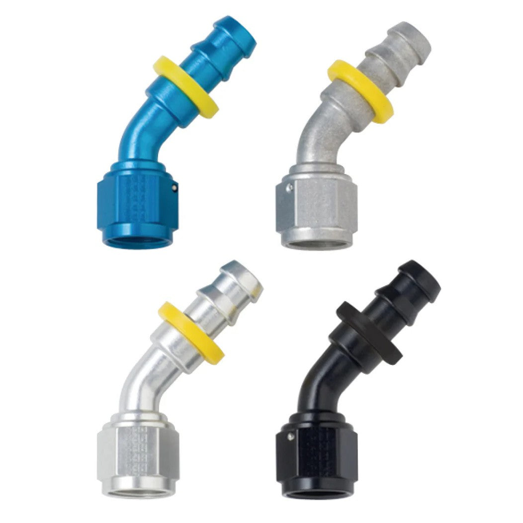 Fragola -10AN 45-degree black anodized Push-Lite hose end with barbed hose attachment