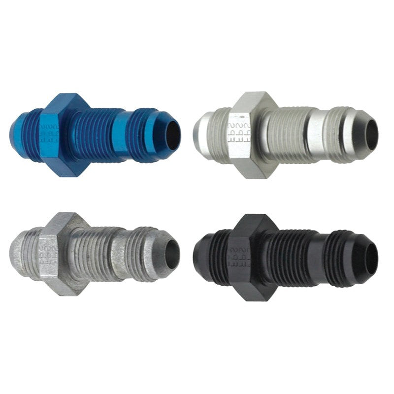 Black anodized aluminum -3AN straight bulkhead fitting with threaded ends for firewall pass-through.