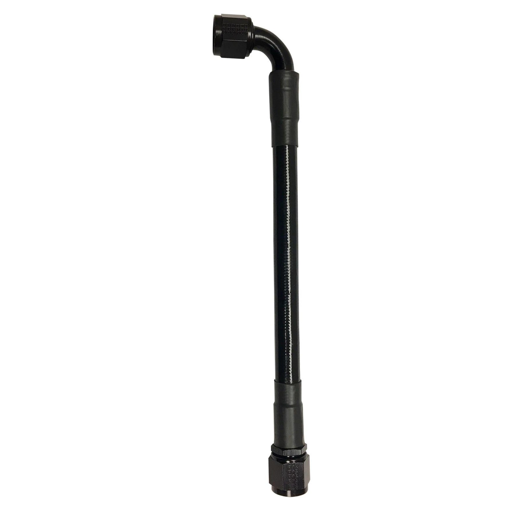 Fragola black PTFE -6AN hose assembly, 20 inches long with one straight and one 90-degree black fitting.