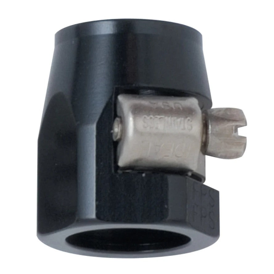 Black anodized Fragola -6AN EZ Clamp hose finisher