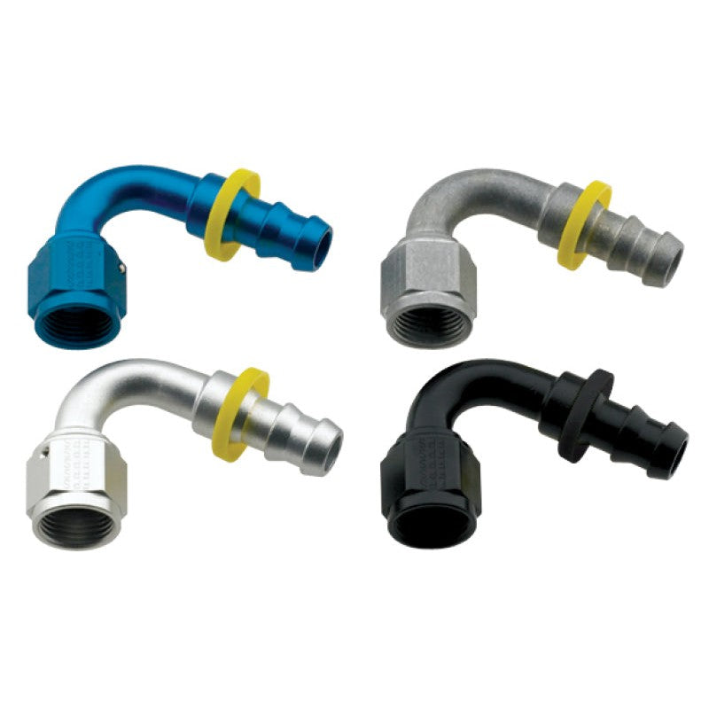 Black anodized aluminum Fragola -6AN 120-degree Push-Lite hose end fitting with barbed attachment point.