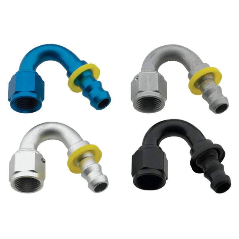 Fragola -6AN 150 degree Push-Lite hose end fitting with a black anodized finish.