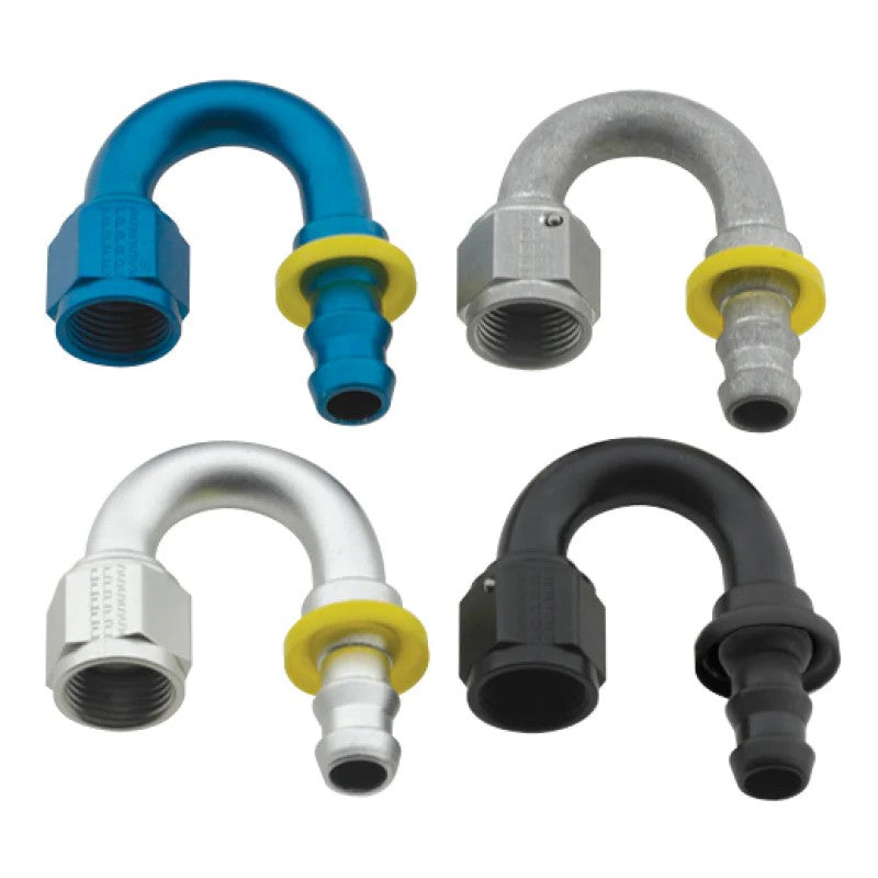 Black anodized Fragola Series 2000 -6AN 180-degree Push-Lite hose end fitting