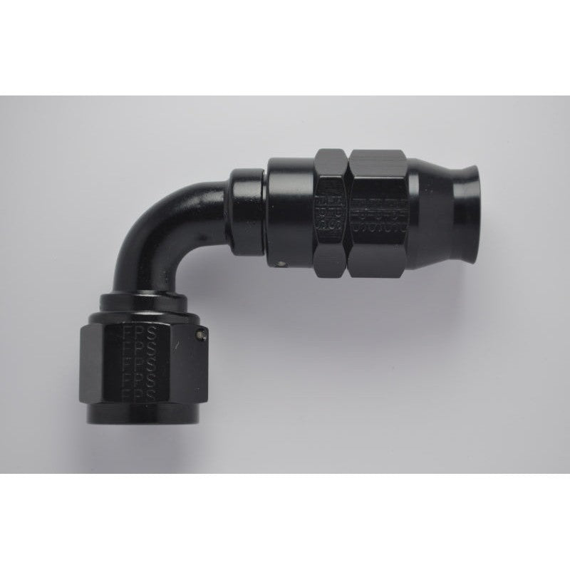 Black anodized Fragola Real Street -6AN 90-degree swivel hose end for PTFE hose assembly