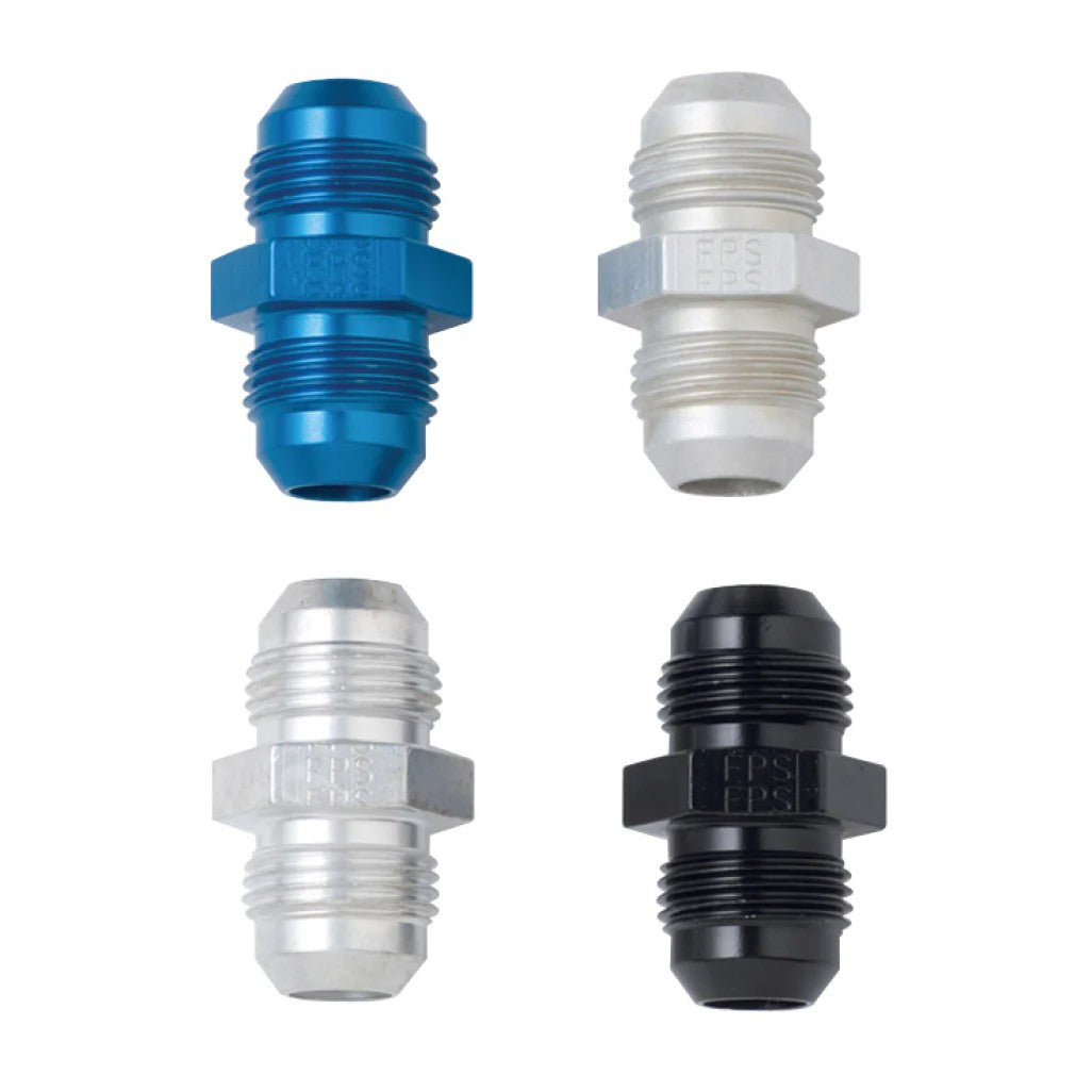 Black anodized aluminum Fragola -6AN straight union adapter fitting with male flare threads on both ends.