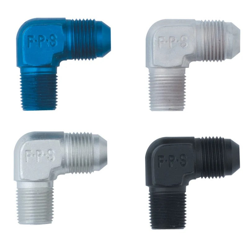 Black anodized aluminum 90-degree adapter fitting with -6AN male flare and 1/4 inch NPT male pipe threads.