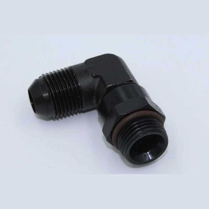 Fragola black anodized 90-degree swivel fitting, -8AN to 7/8-14 SAE 10 ORB adapter.