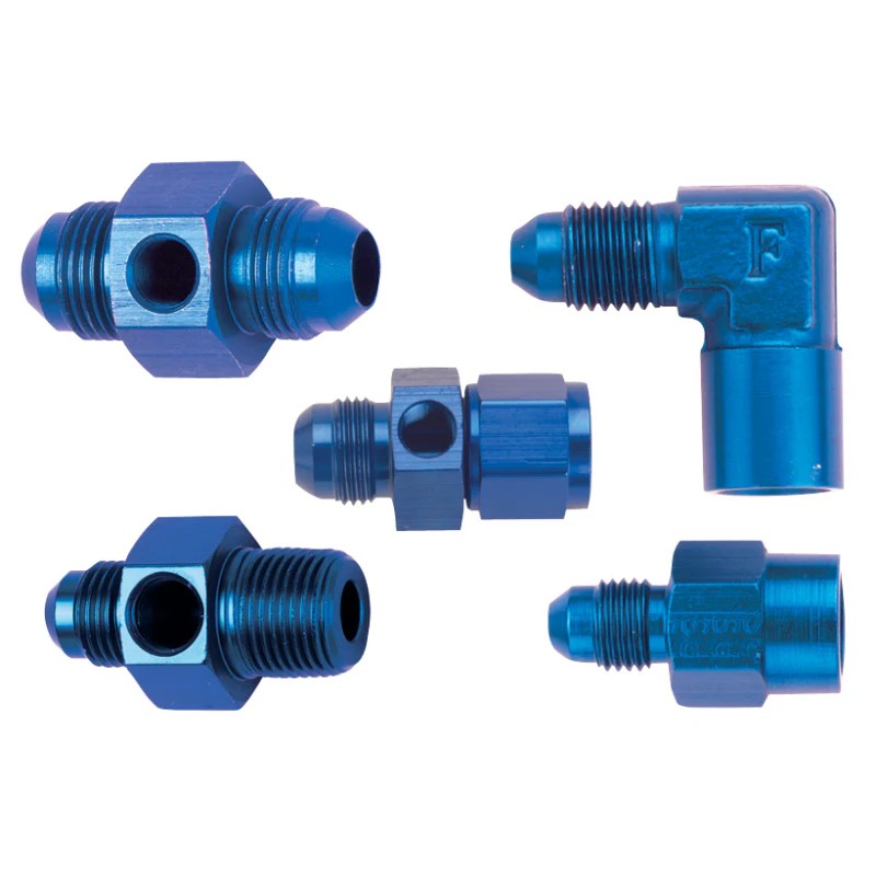 Fragola black anodized inline gauge adapter with -10AN male and -10AN female ports.