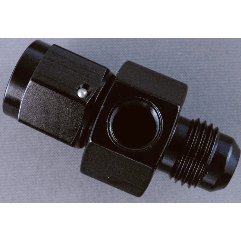 Black anodized Fragola 495005-BL inline gauge adapter with -6AN male and -6AN female swivel ends.