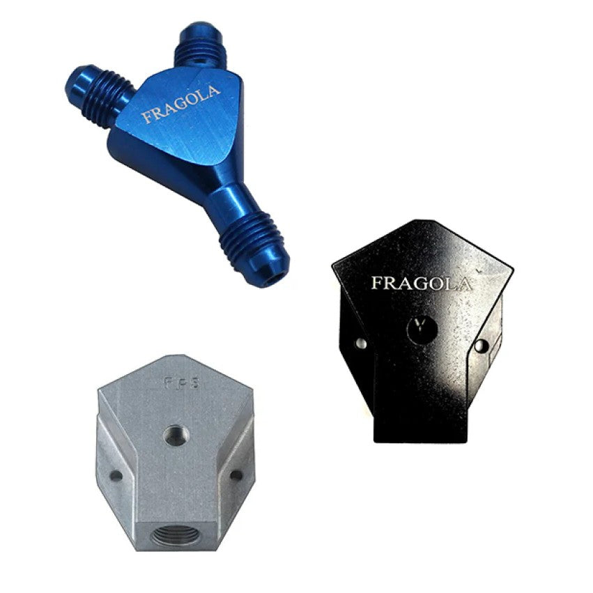 Fragola black anodized aluminum Y-fitting with one -16AN male inlet and two -12AN male outlets