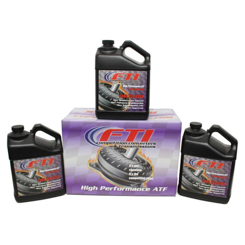 Three gallon-sized containers of FTI Performance semi-synthetic racing transmission fluid