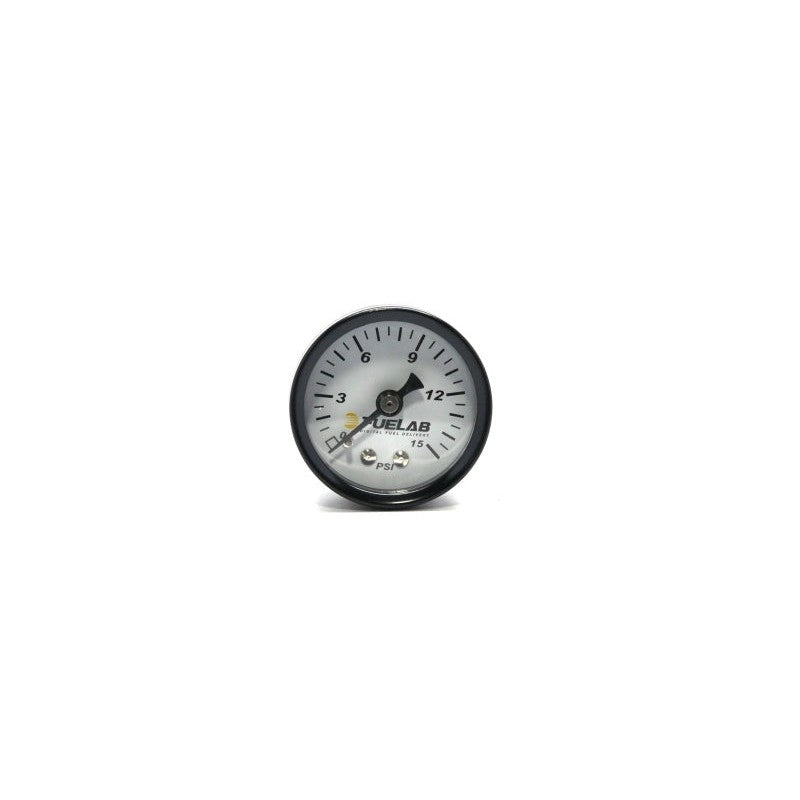 Fuelab 71502 1.5-inch mechanical fuel pressure gauge with 0 to 15 PSI range white dial face