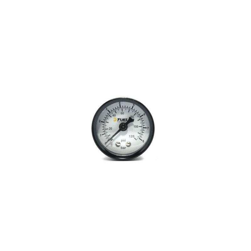 Fuelab 1.5-inch EFI fuel pressure gauge with a 0 to 120 PSI dual scale dial face.