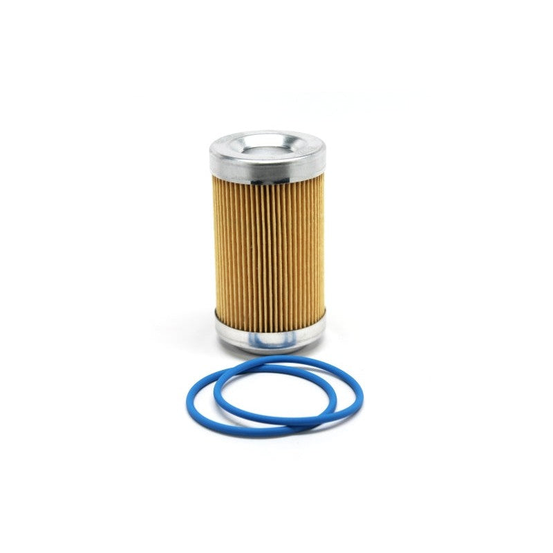 Fuelab 71801 3-inch 10 micron paper fuel filter replacement element shown with two replacement O-rings.