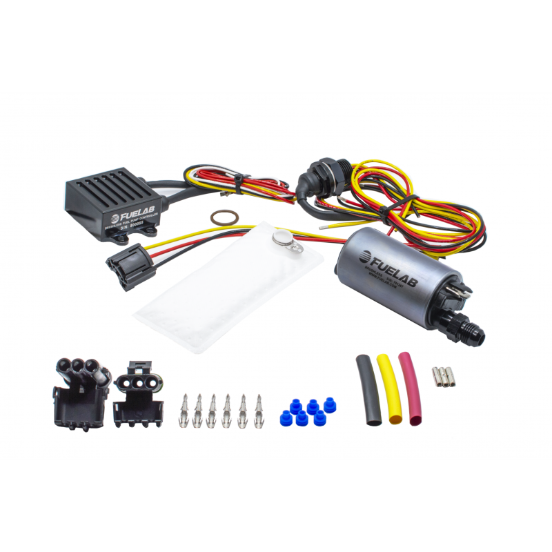 Fuelab 253 series brushless fuel pump kit with 72002 controller, 74101 feed-thru, pre-filter, and wiring harness.
