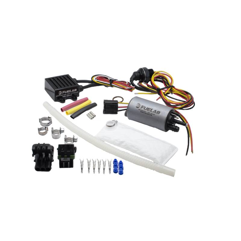 Fuelab 253 in-tank brushless fuel pump with 72002 external controller, 74101 feed-thru, and inlet pre-filter.