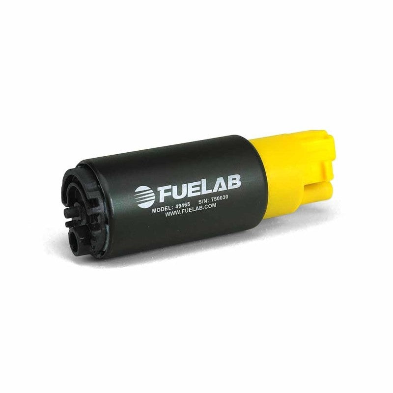 Fuelab 49465 high output 300 LPH electric in-tank fuel pump with OE configuration terminals and inlet.