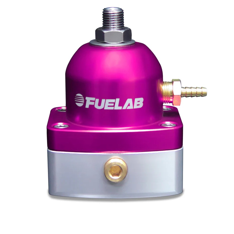 Purple anodized Fuelab 515 Series EFI adjustable fuel pressure regulator with dual -6AN inlets and one -6AN return.
