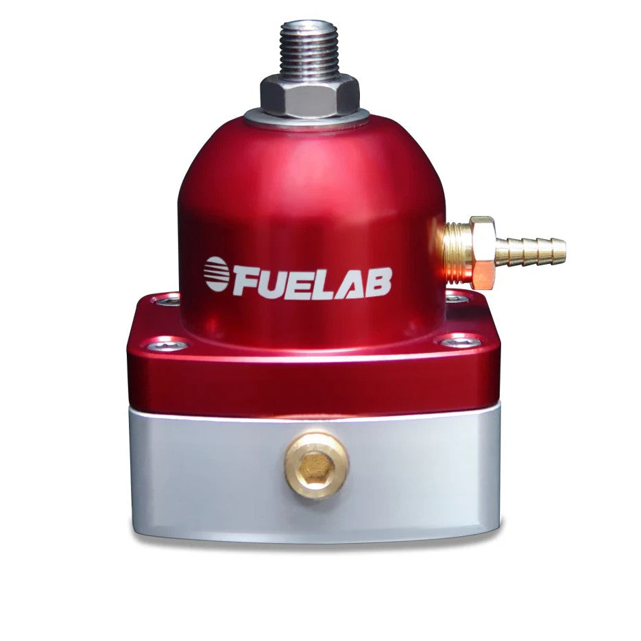 Red anodized Fuelab 51502-2 EFI adjustable fuel pressure regulator with -6AN inlet and return ports.