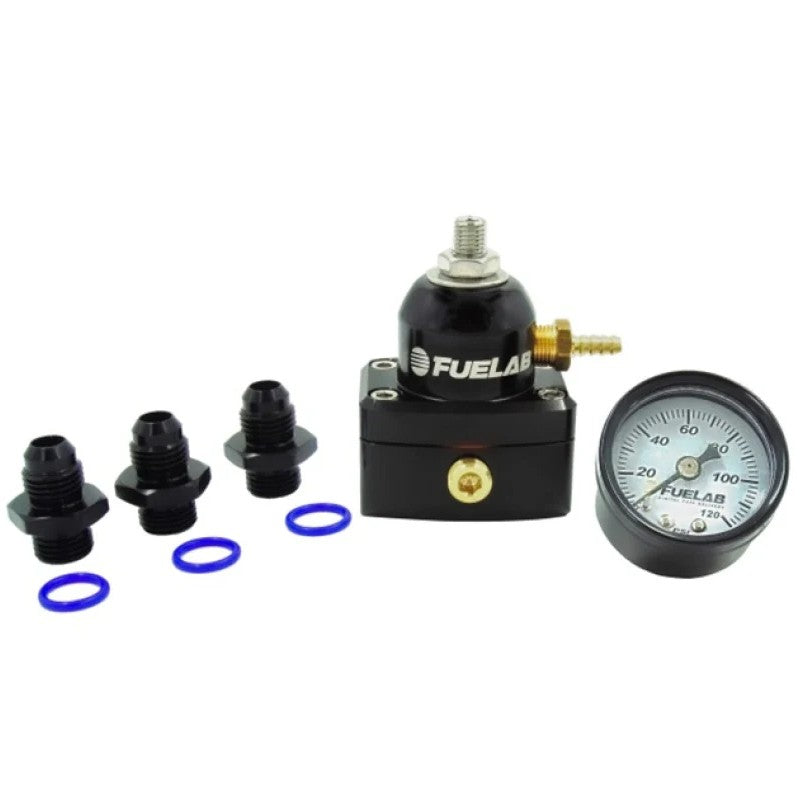 Fuelab 535 Series mini EFI adjustable fuel pressure regulator with -6AN ORB ports and included mechanical gauge kit.