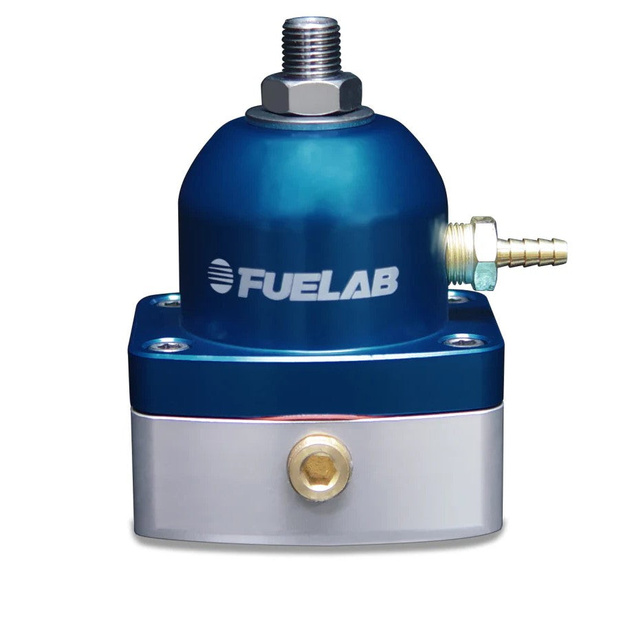 Blue anodized Fuelab 535 Mini Fuel Pressure Regulator featuring dual -6AN inlets and one -6AN return port.