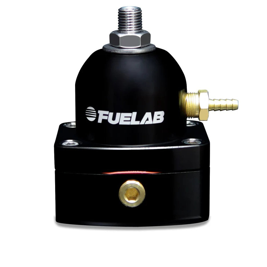 Black Fuelab 545 series mini EFI fuel pressure regulator with -6AN inlet and return ports and top adjustment screw.
