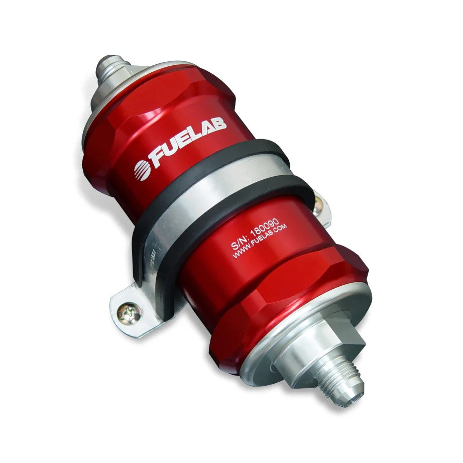 Fuelab 818 Series red anodized in-line fuel filter with -6AN fittings and 10 micron fabric element.